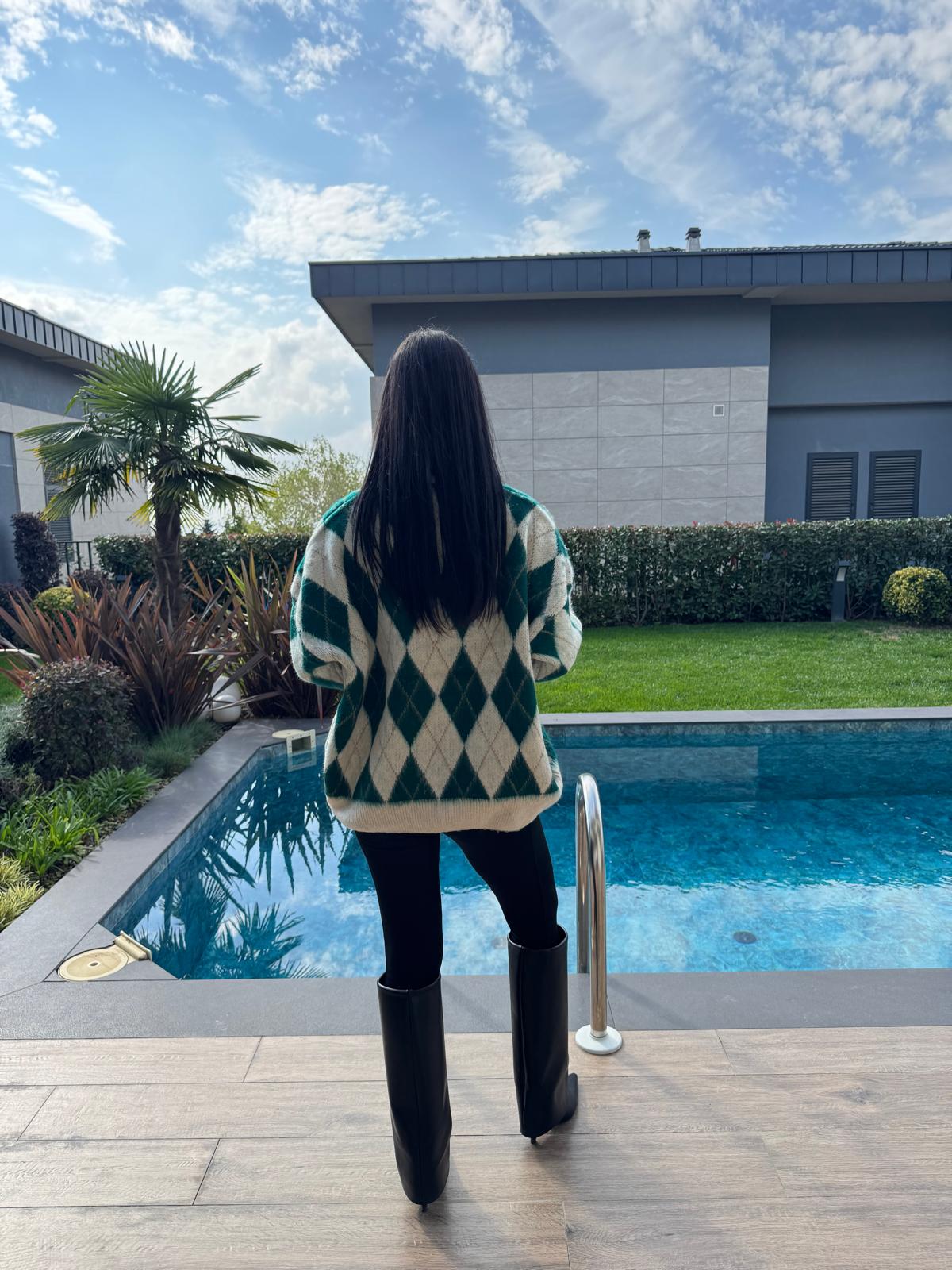 Ekru Yeşil  Baklava Desenli Kazak