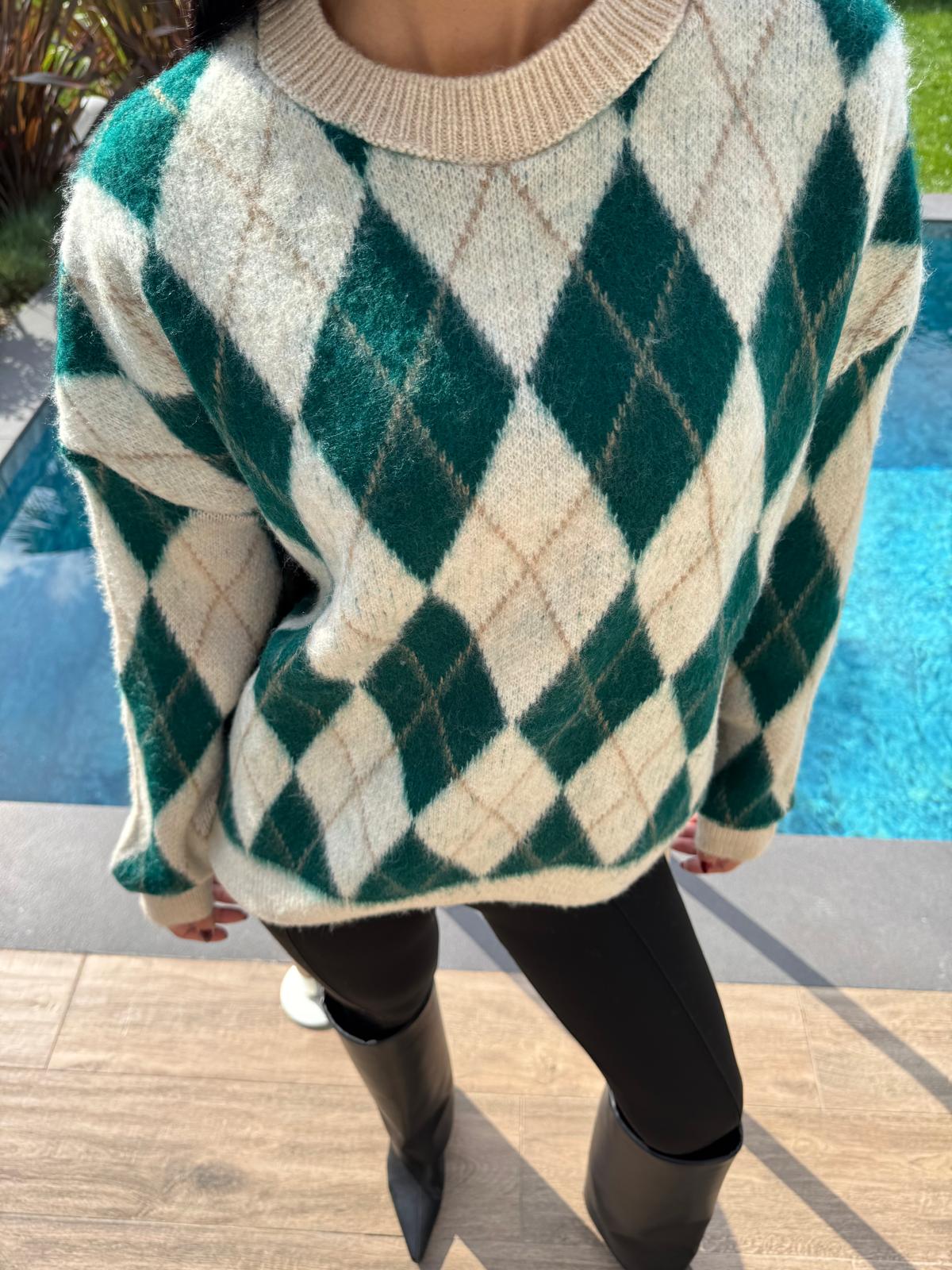 Ekru Yeşil  Baklava Desenli Kazak