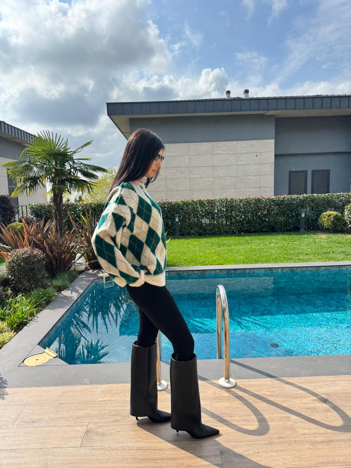 Ekru Yeşil  Baklava Desenli Kazak