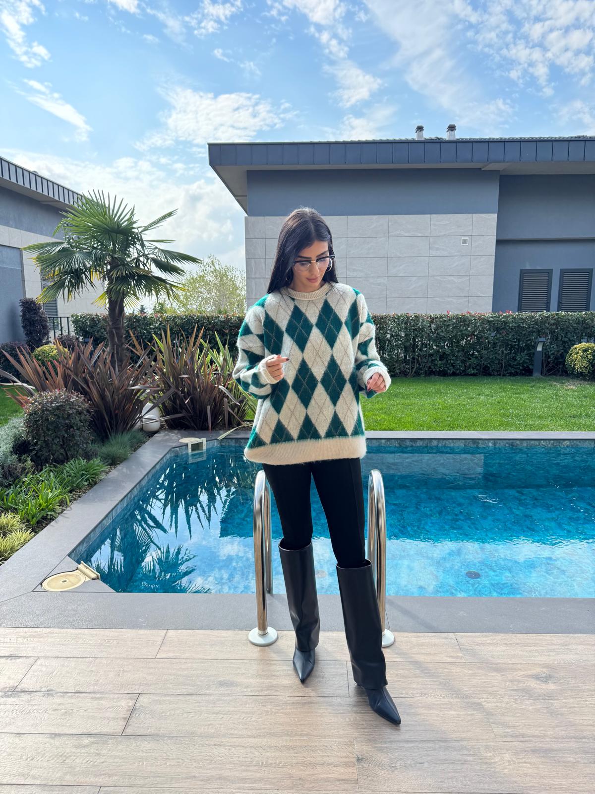 Ekru Yeşil  Baklava Desenli Kazak