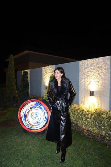 Siyah Buono Yakası Kürklü Deri Kaban