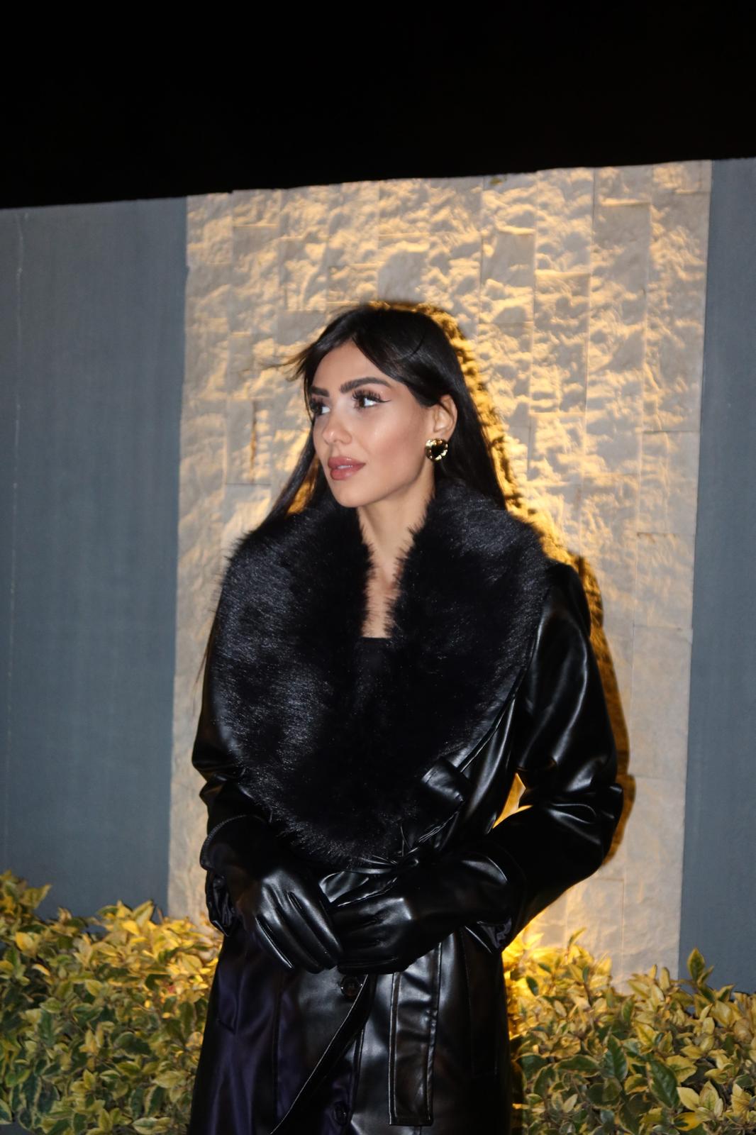 Siyah Buono Yakası Kürklü Deri Kaban