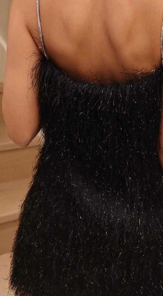 Askılı Saçaklı Siyah Elbise