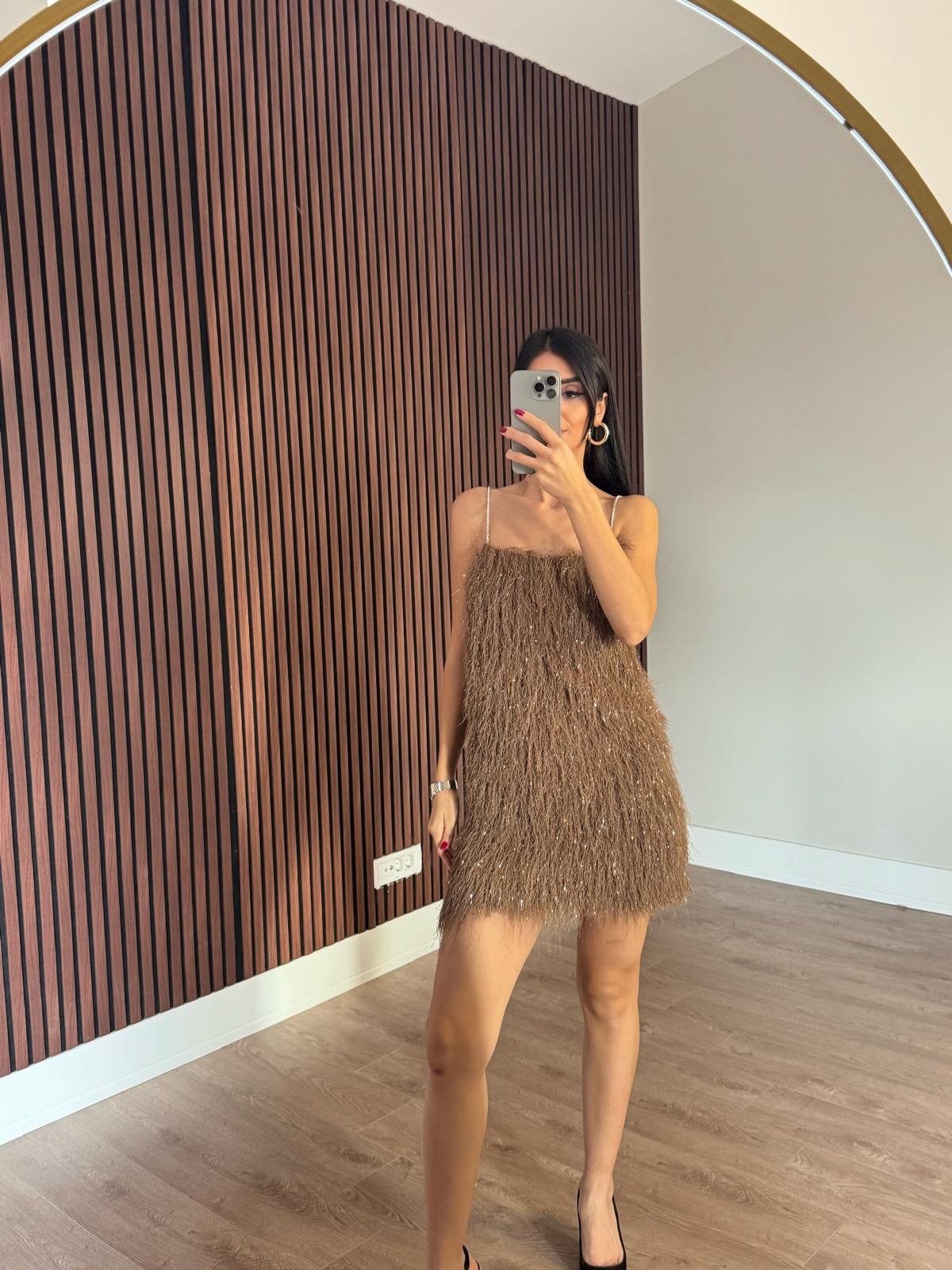 Askılı Saçaklı Kahve  Elbise