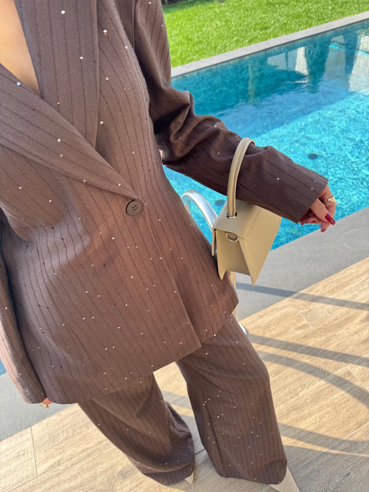 Kahverengi Premium Pullu Blazer Fit Takım