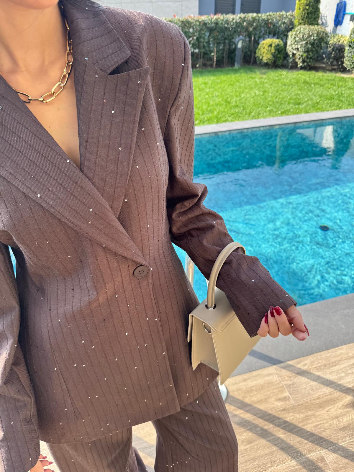 Kahverengi Premium Pullu Blazer Fit Takım