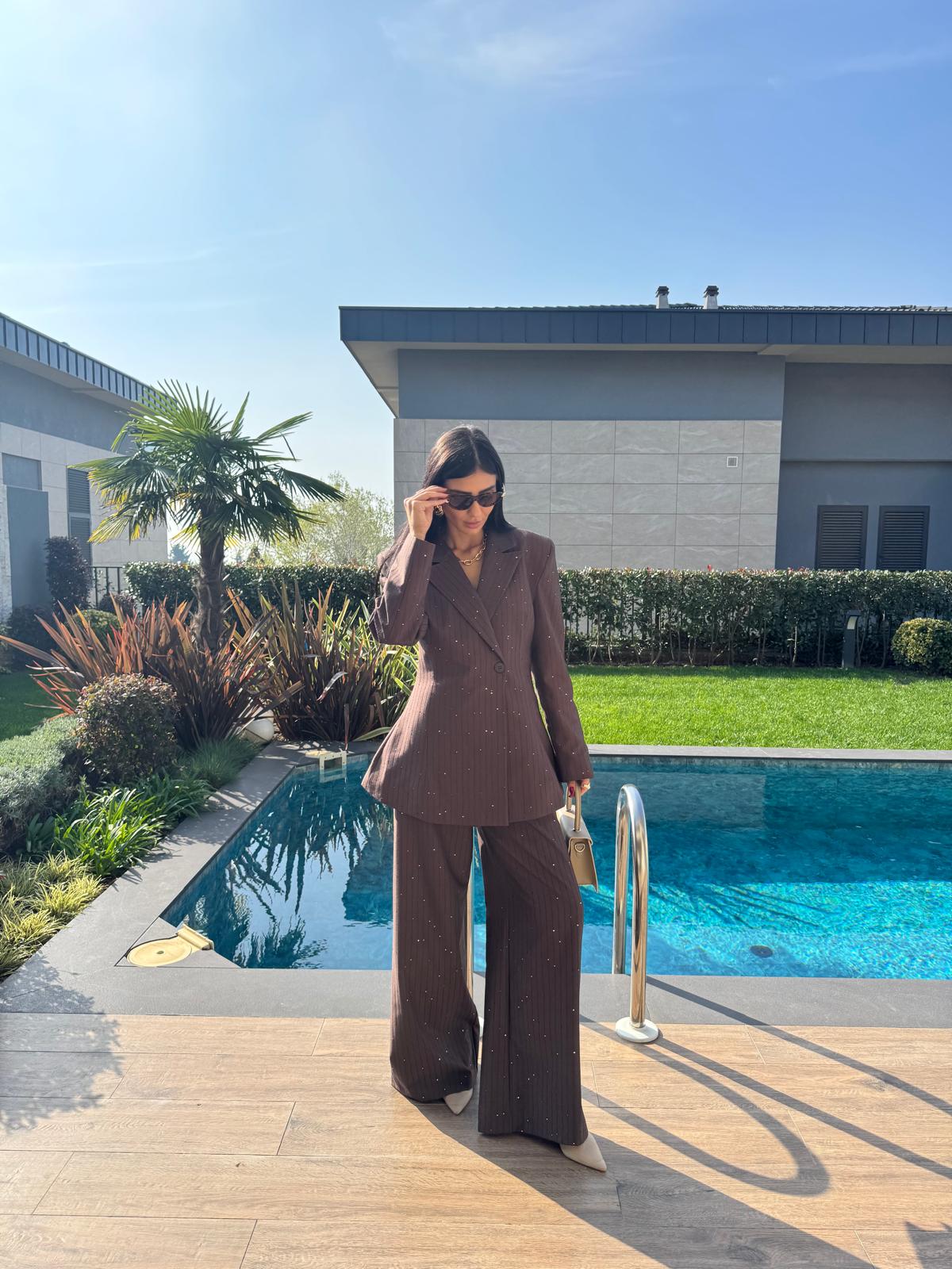 Kahverengi Premium Pullu Blazer Fit Takım