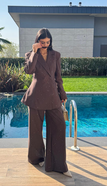 Kahverengi Premium Pullu Blazer Fit Takım