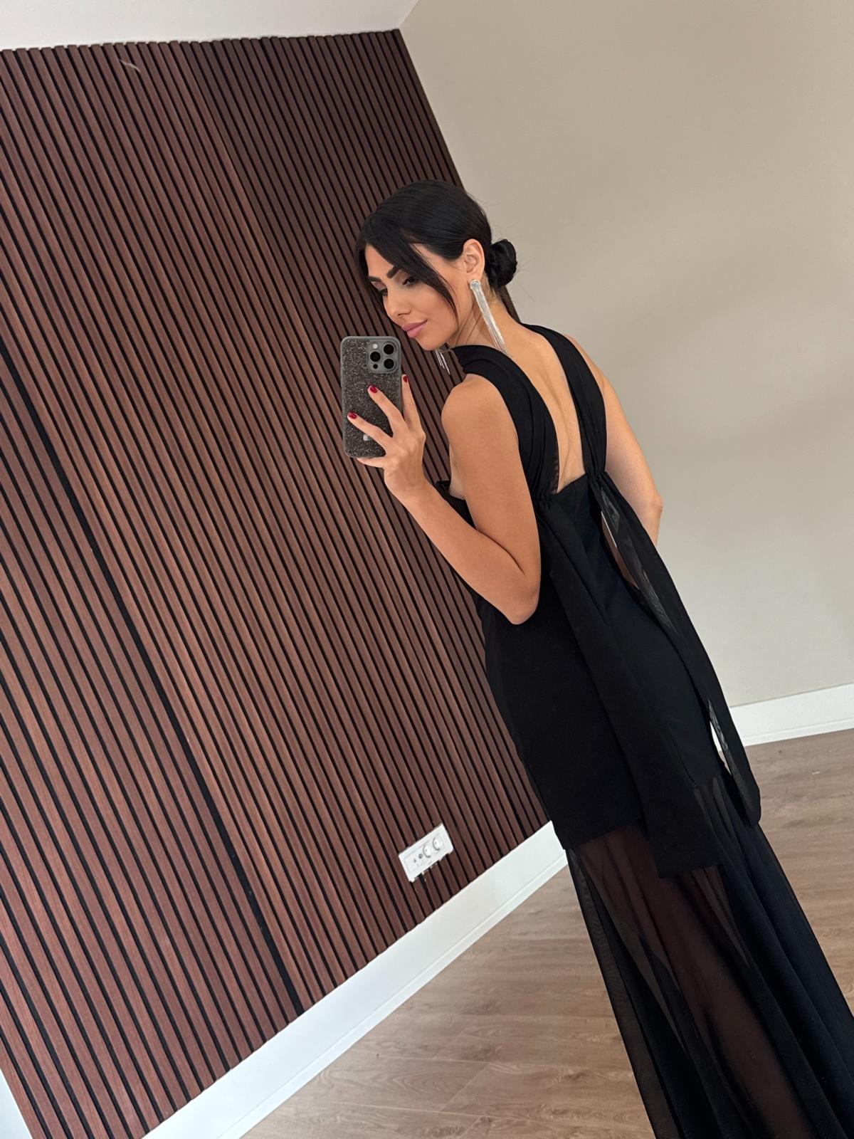 Siyah Straplez Tül Detaylı Elbise