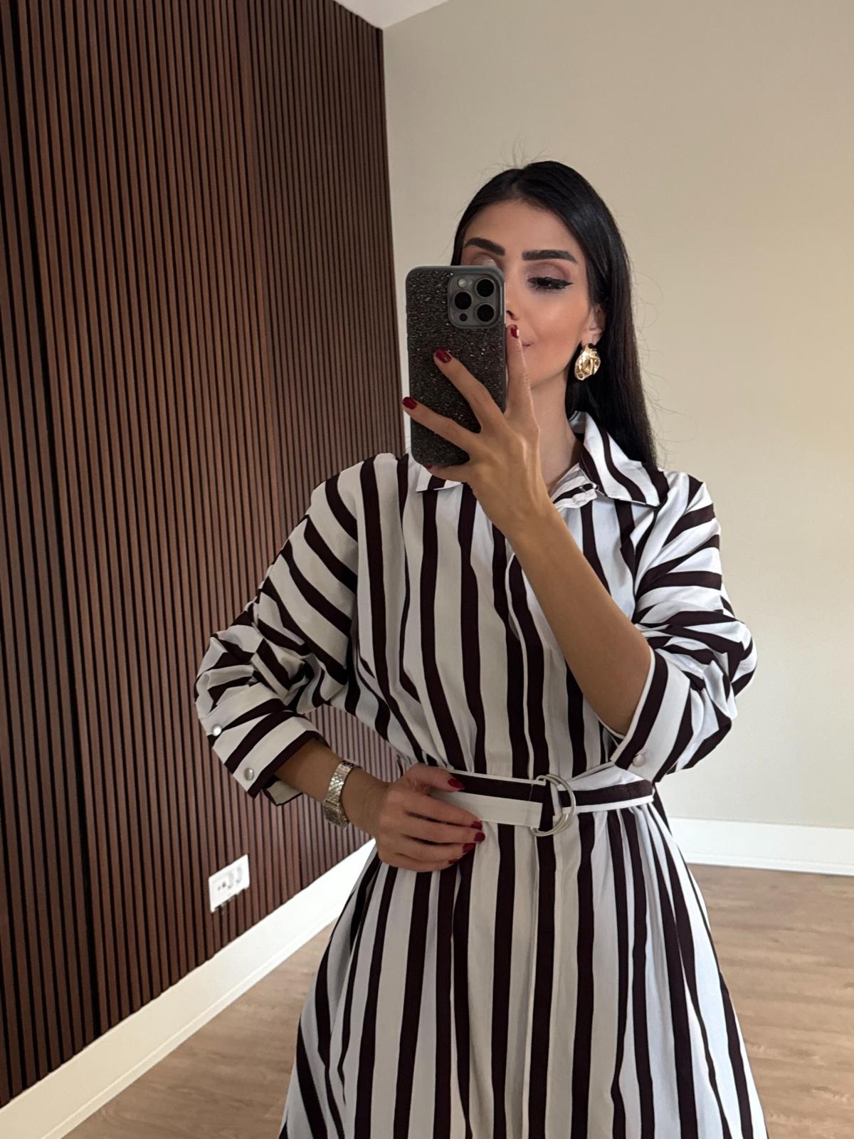 Çizgili Kemerli Gömlek Elbise