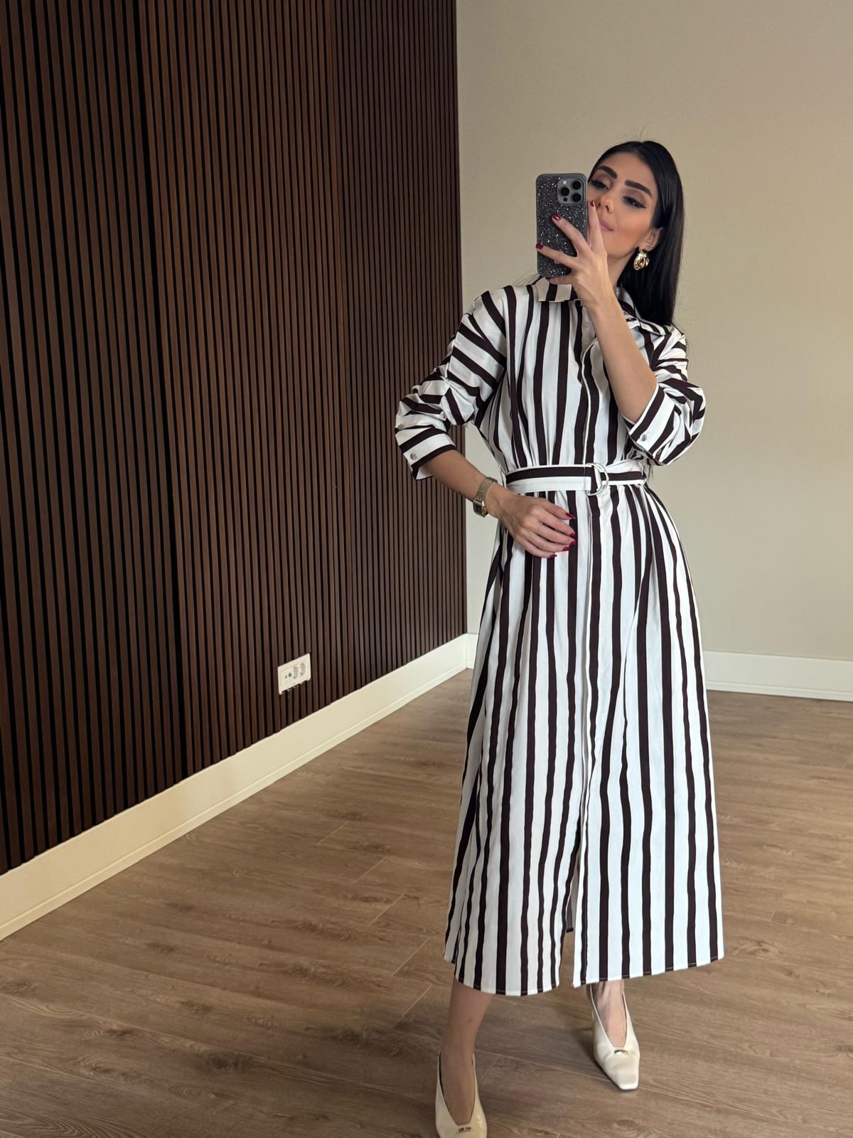 Çizgili Kemerli Gömlek Elbise