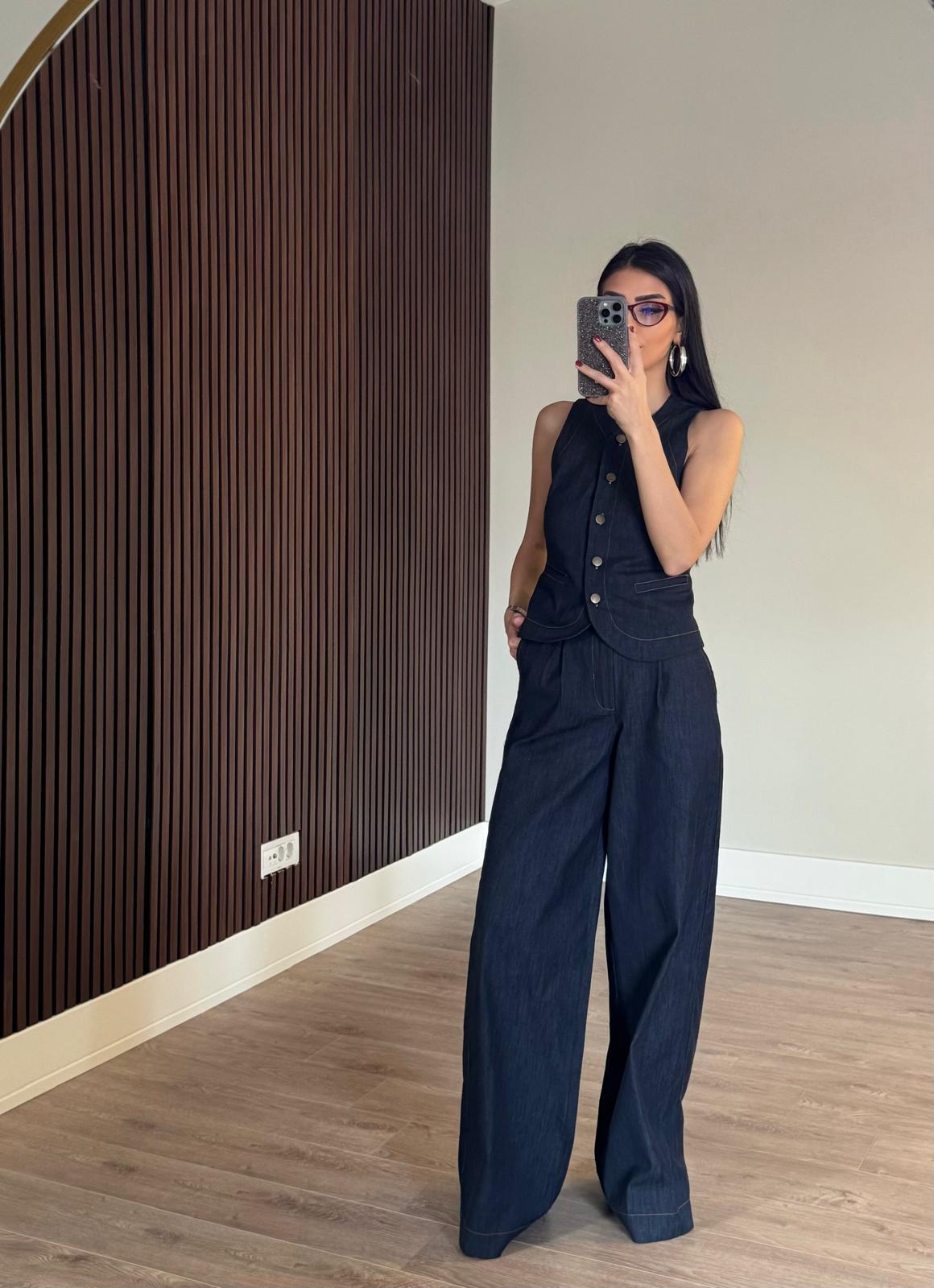 Yüksel Bel Denim Yelek Takım