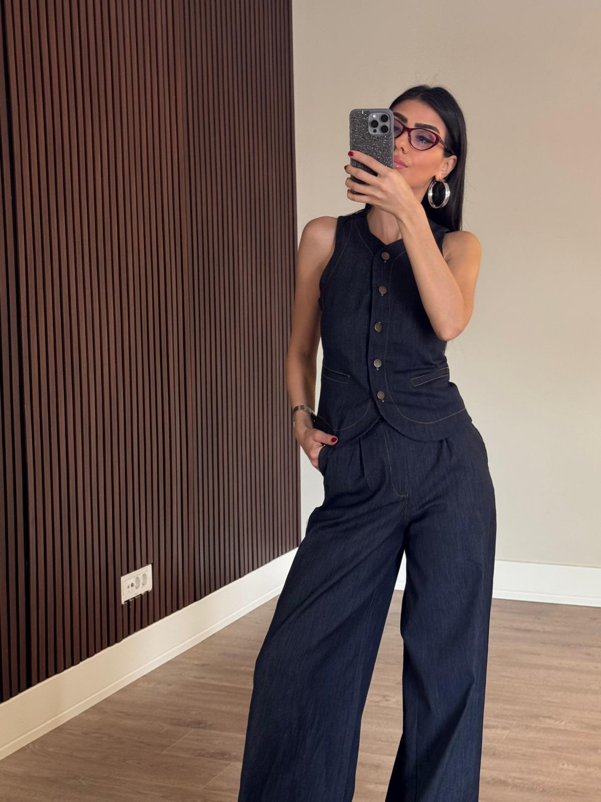 Yüksel Bel Denim Yelek Takım