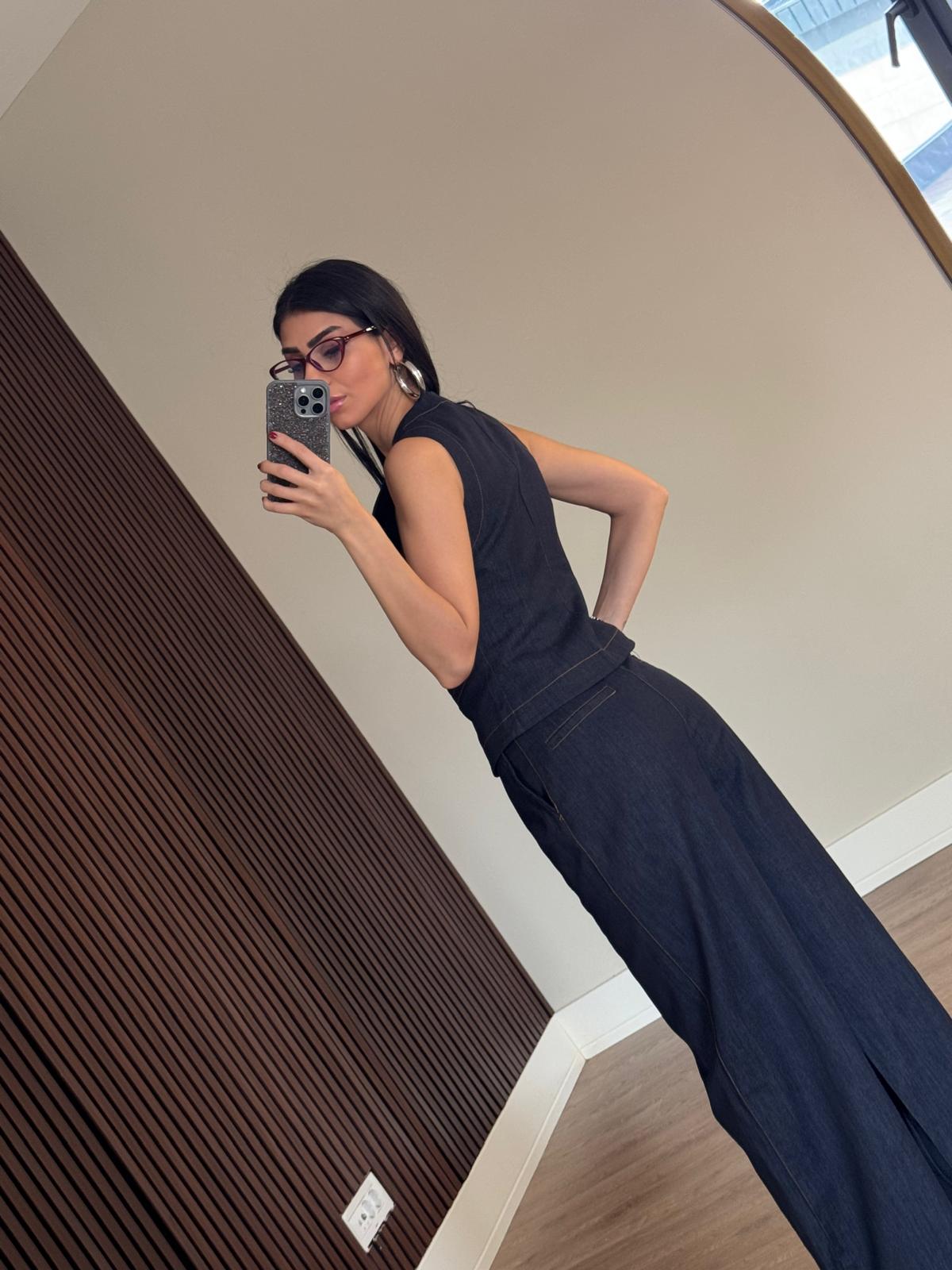 Yüksel Bel Denim Yelek Takım