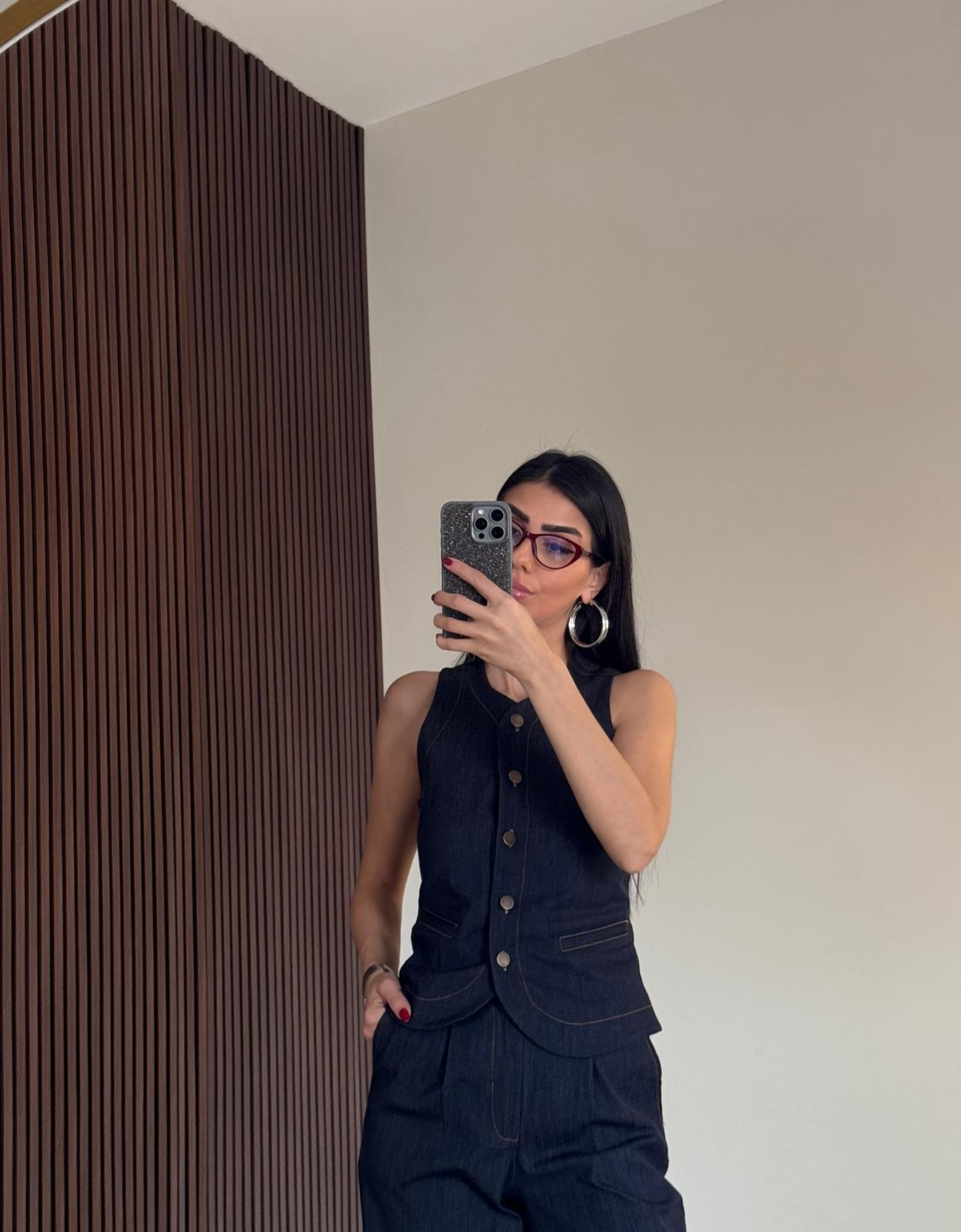 Yüksel Bel Denim Yelek Takım