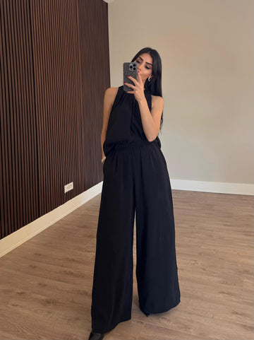 Yakası Pileli Modest Tensel Takım Siyah