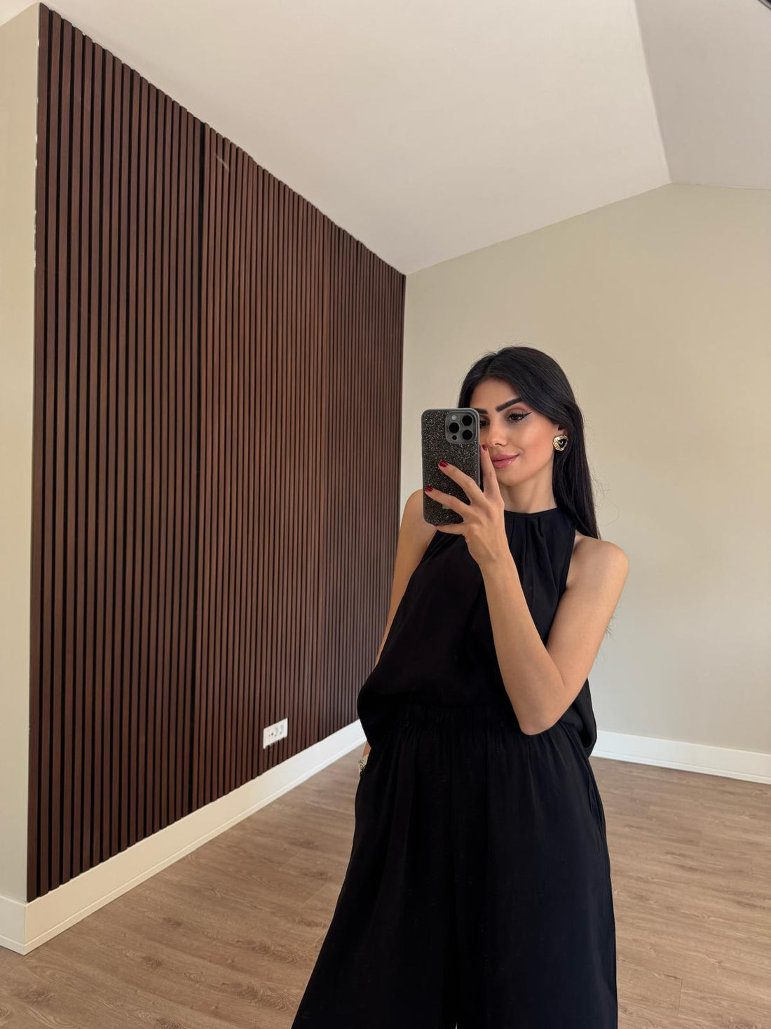 Yakası Pileli Modest Tensel Takım Siyah