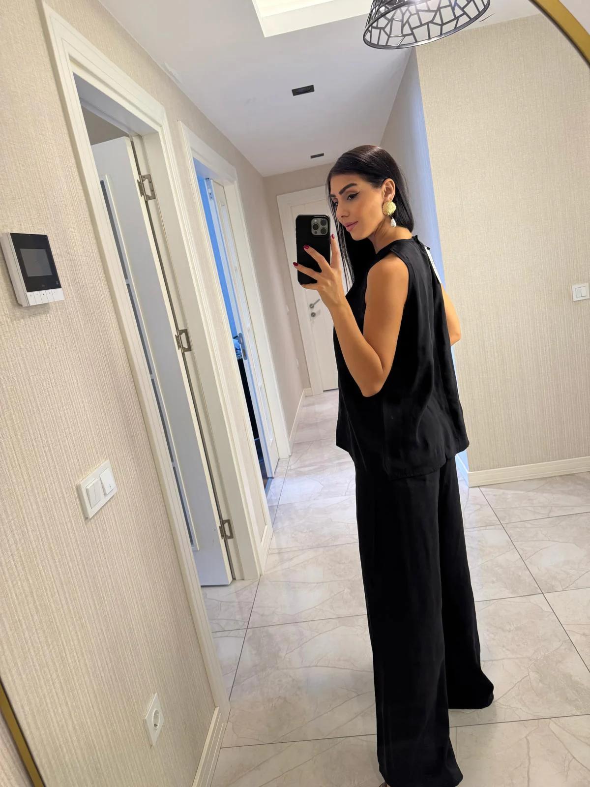 Yakası Pileli Modest Tensel Takım Siyah