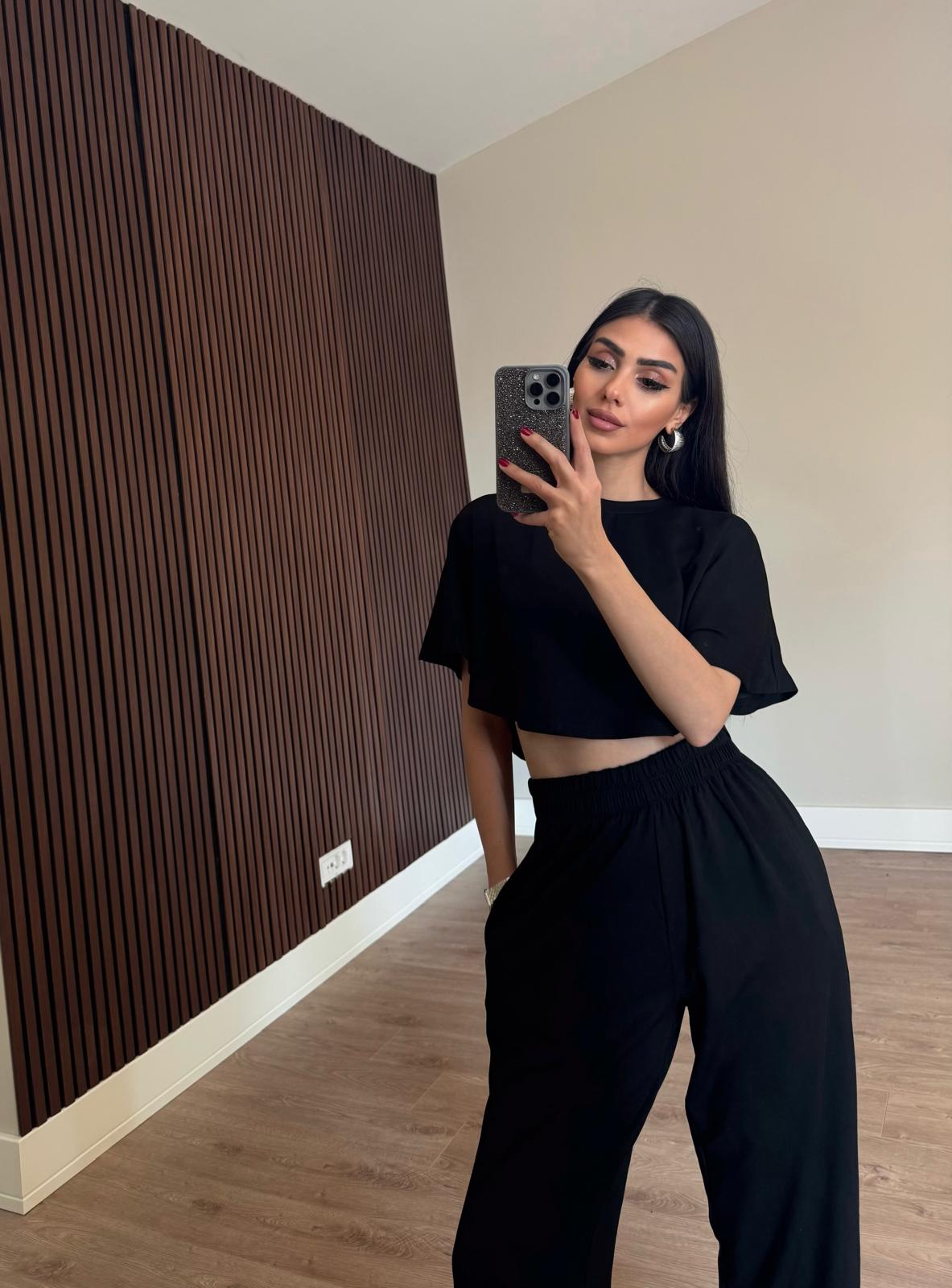 Siyah Crop Beli Lastikli Palazzo İkili Modal Kumaş Takım