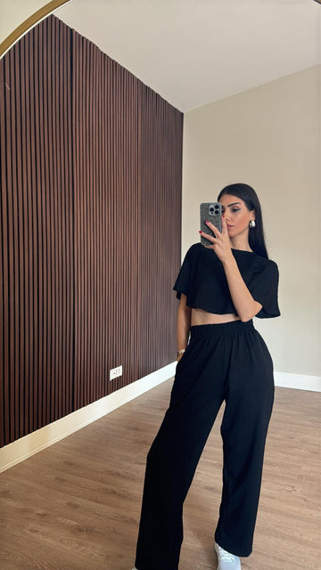 Siyah Crop Beli Lastikli Palazzo İkili Modal Kumaş Takım