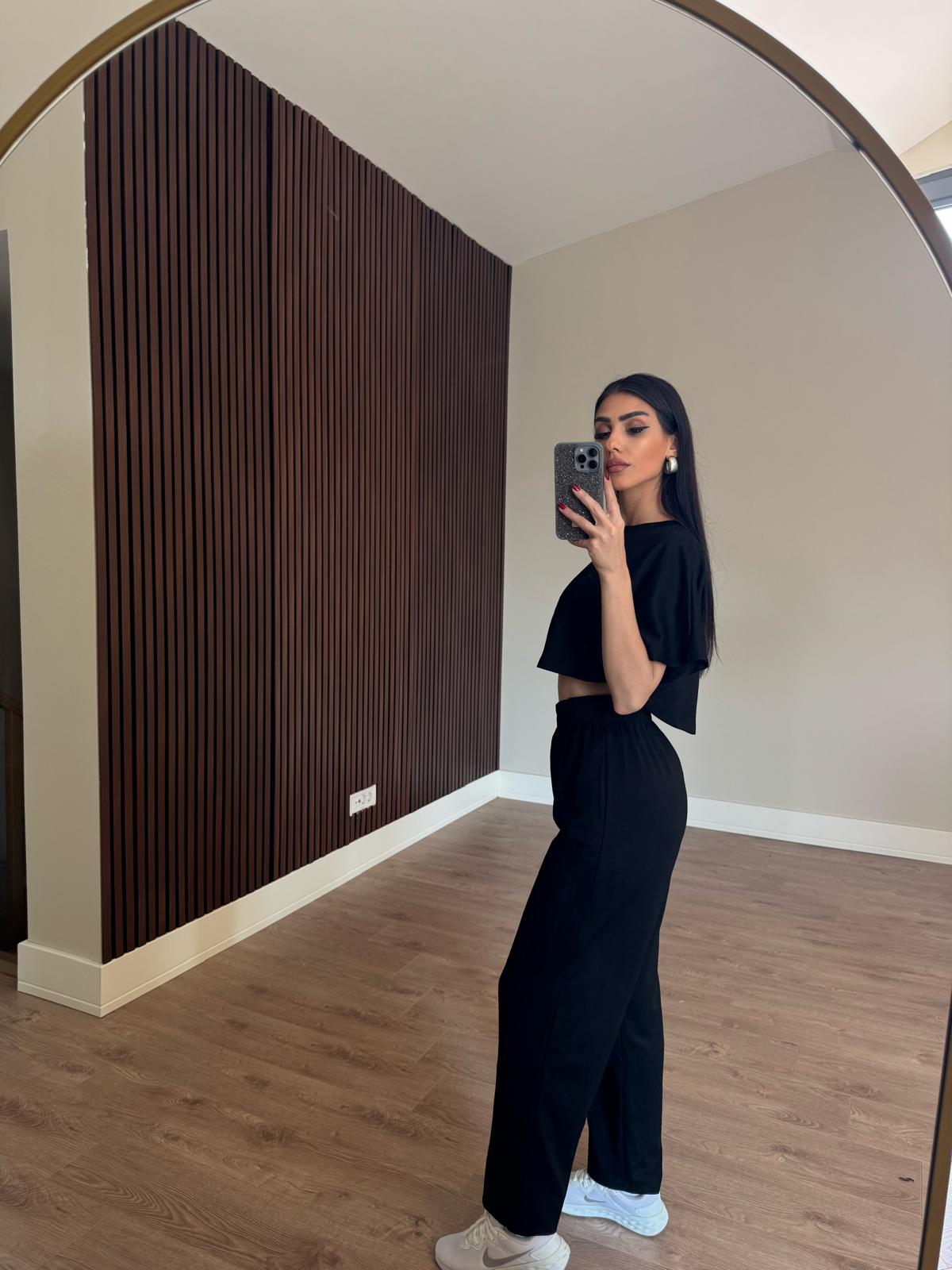 Siyah Crop Beli Lastikli Palazzo İkili Modal Kumaş Takım