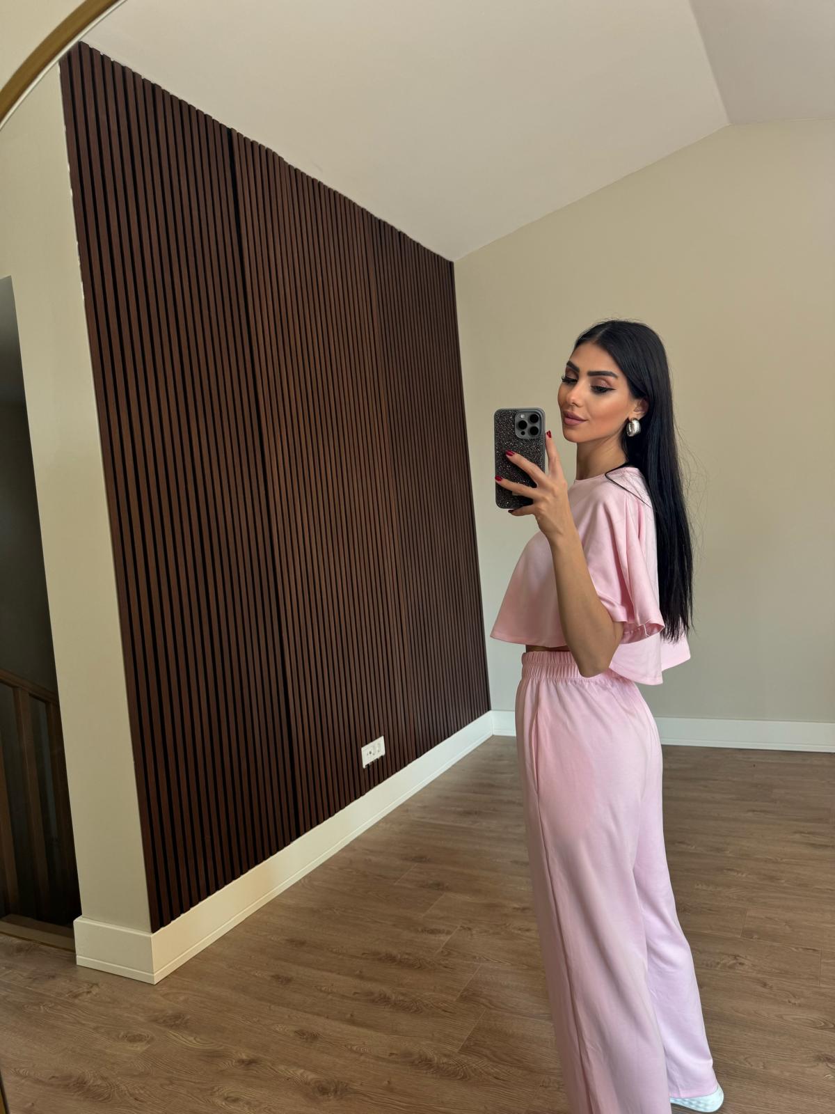 Pembe Crop Beli Lastikli Palazzo İkili  Modal KumaşTakım