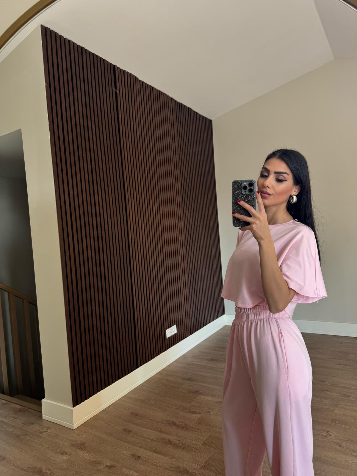Pembe Crop Beli Lastikli Palazzo İkili  Modal KumaşTakım