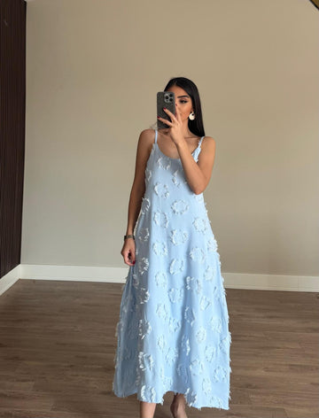 Bebe Mavisi Püskül Detaylı Astarlı Keten Elbise