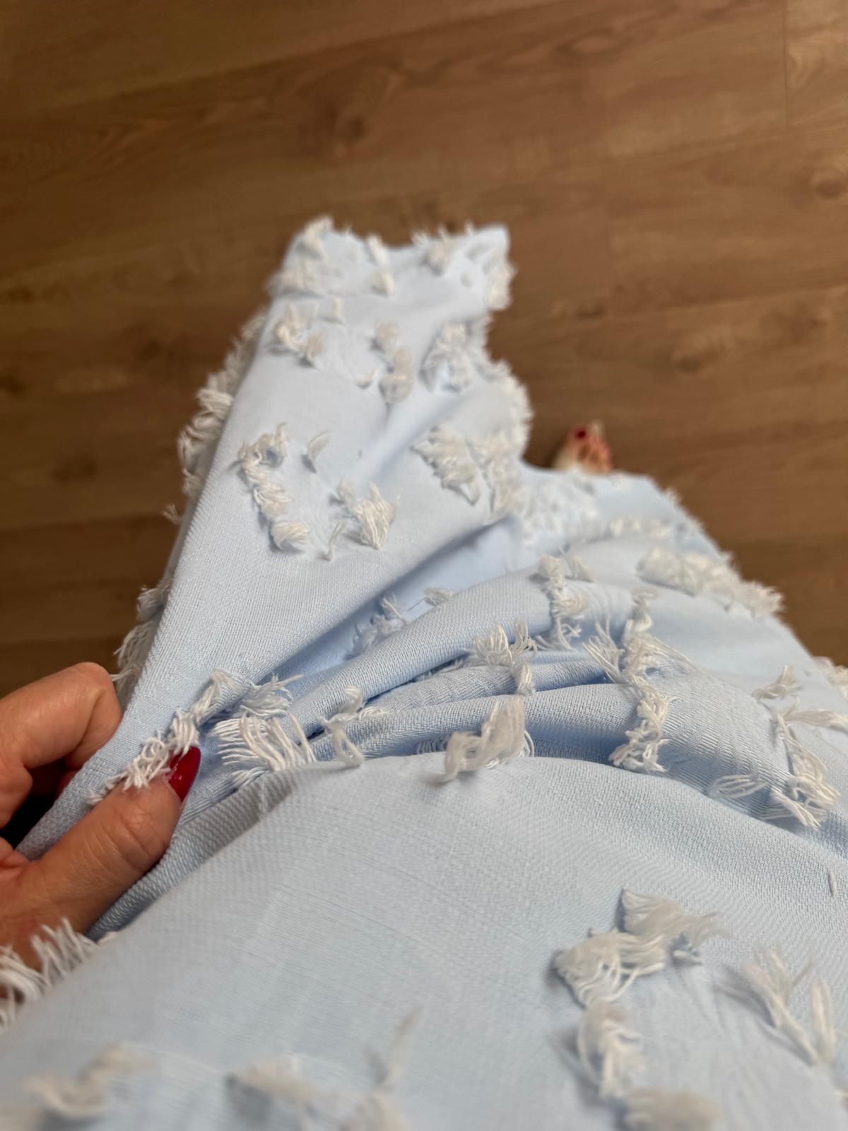 Bebe Mavisi Püskül Detaylı Astarlı Keten Elbise