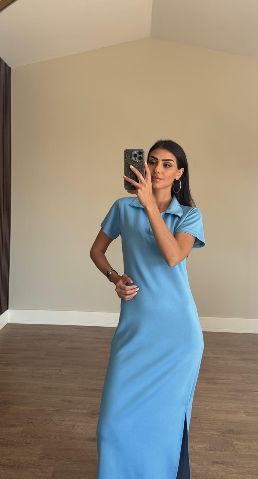 Pola Yaka Modal Kumaş Yırtmaçlı Elbise