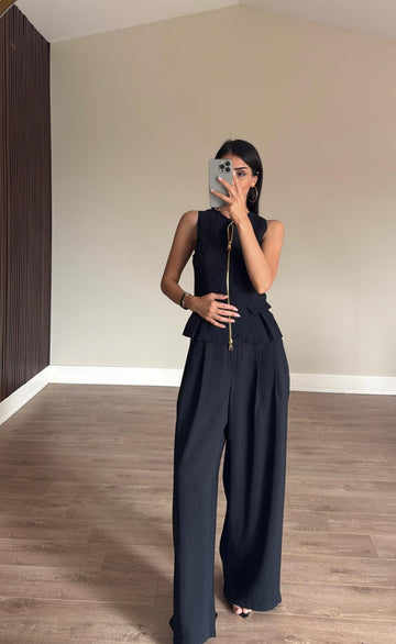 Tencel Modal Çift Fermuarlı Yelek Takım-Siyah