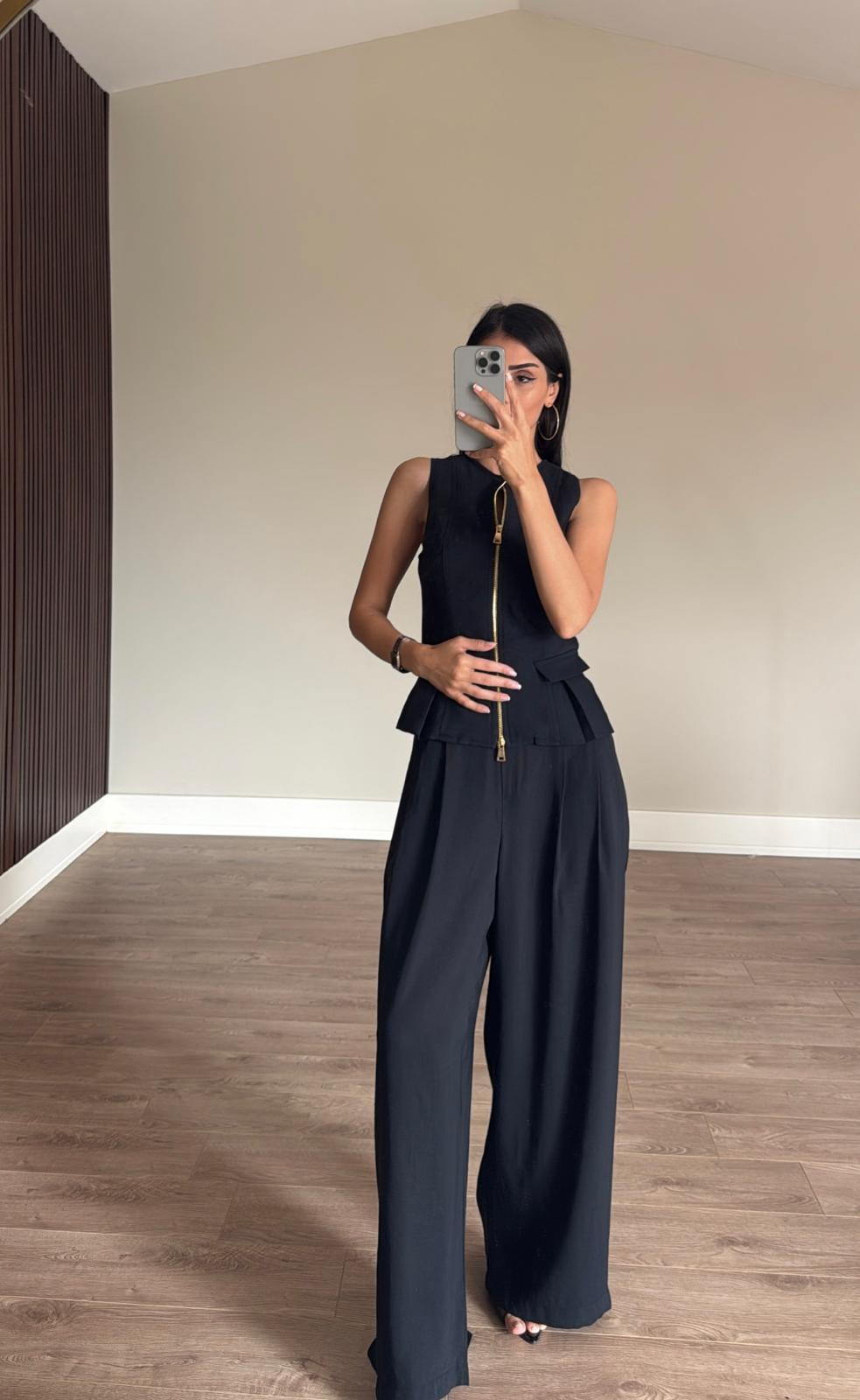 Tencel Modal Çift Fermuarlı Yelek Takım-Siyah