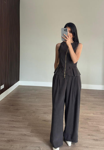 Tencel Modal Çift Fermuarlı Yelek Takım-Kahverengi