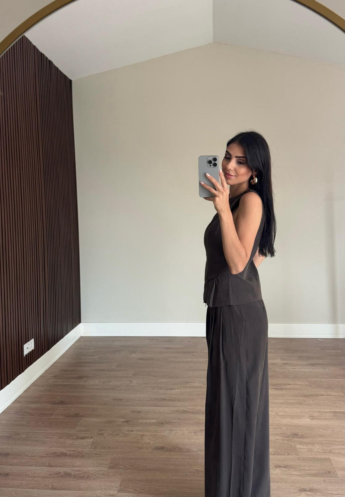 Tencel Modal Çift Fermuarlı Yelek Takım-Kahverengi