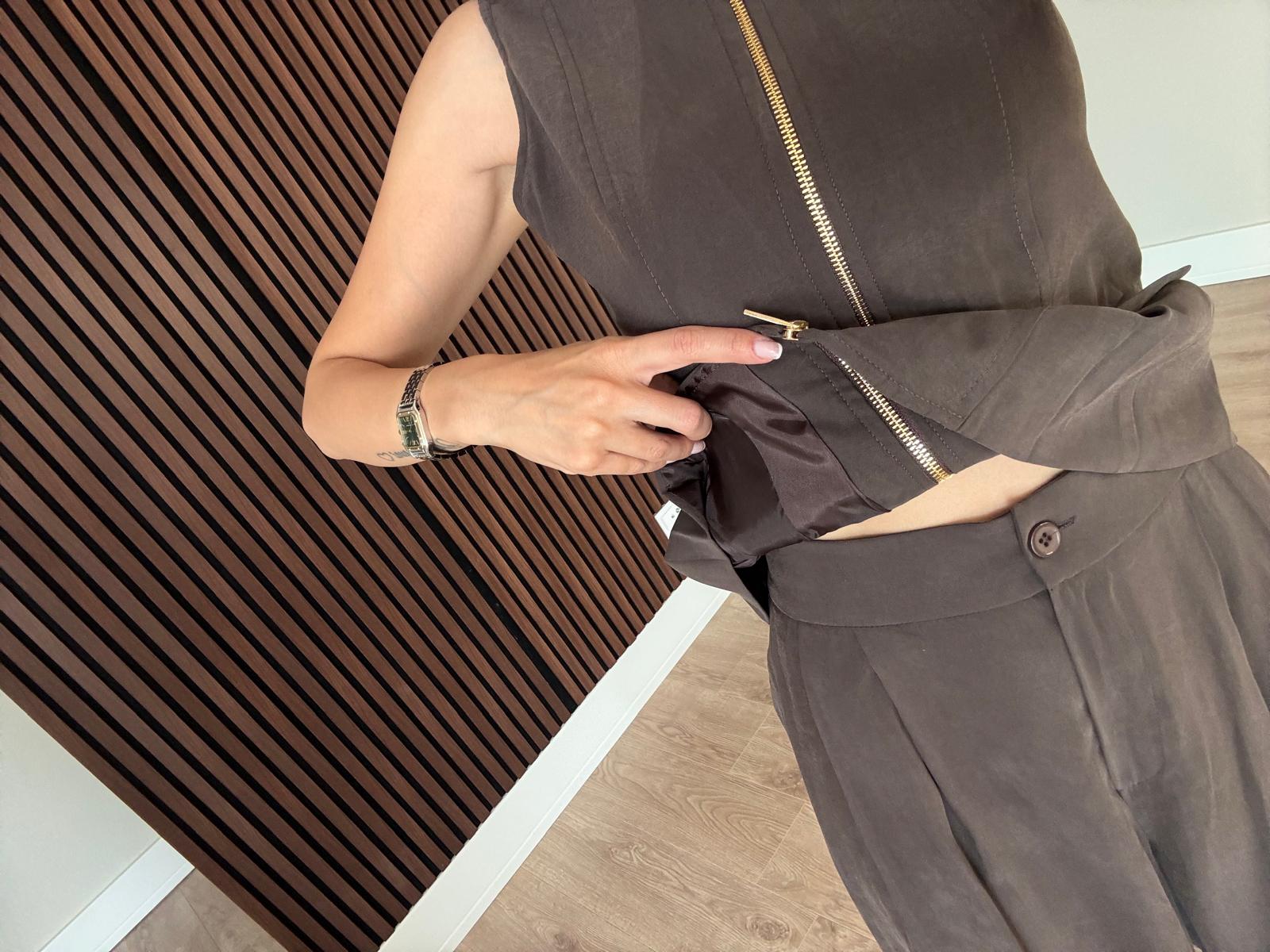 Tencel Modal Çift Fermuarlı Yelek Takım-Kahverengi