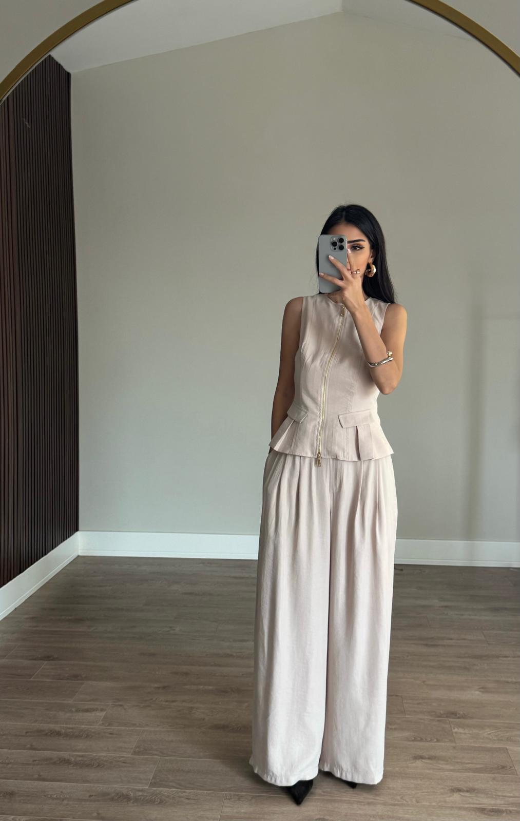 Tencel Modal Çift Fermuarlı Yelek Takım-Bej