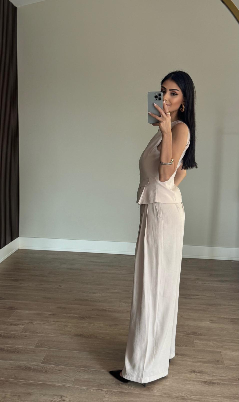 Tencel Modal Çift Fermuarlı Yelek Takım-Bej
