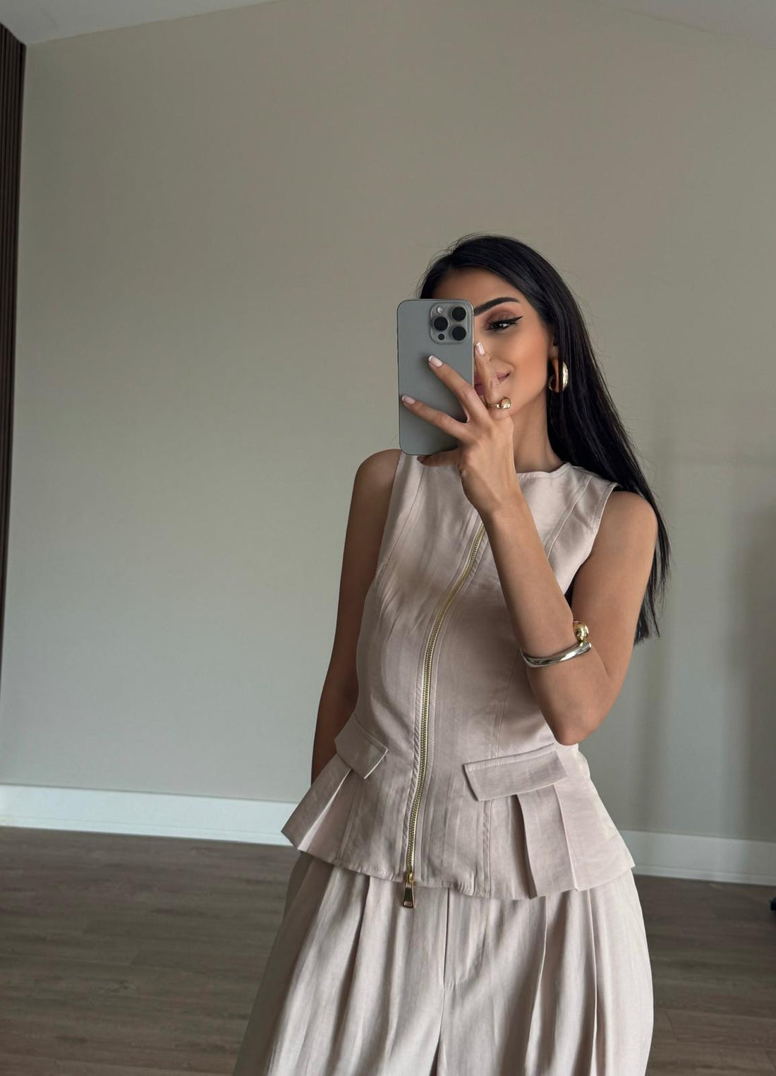 Tencel Modal Çift Fermuarlı Yelek Takım-Bej