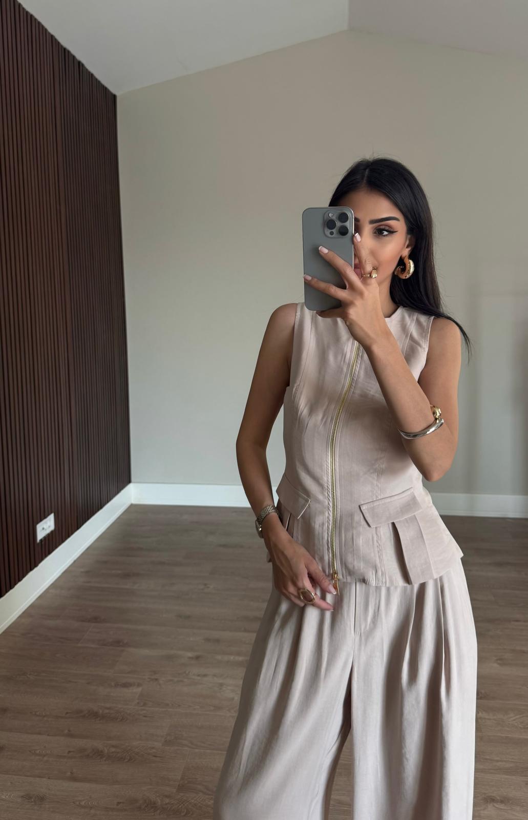Tencel Modal Çift Fermuarlı Yelek Takım-Bej