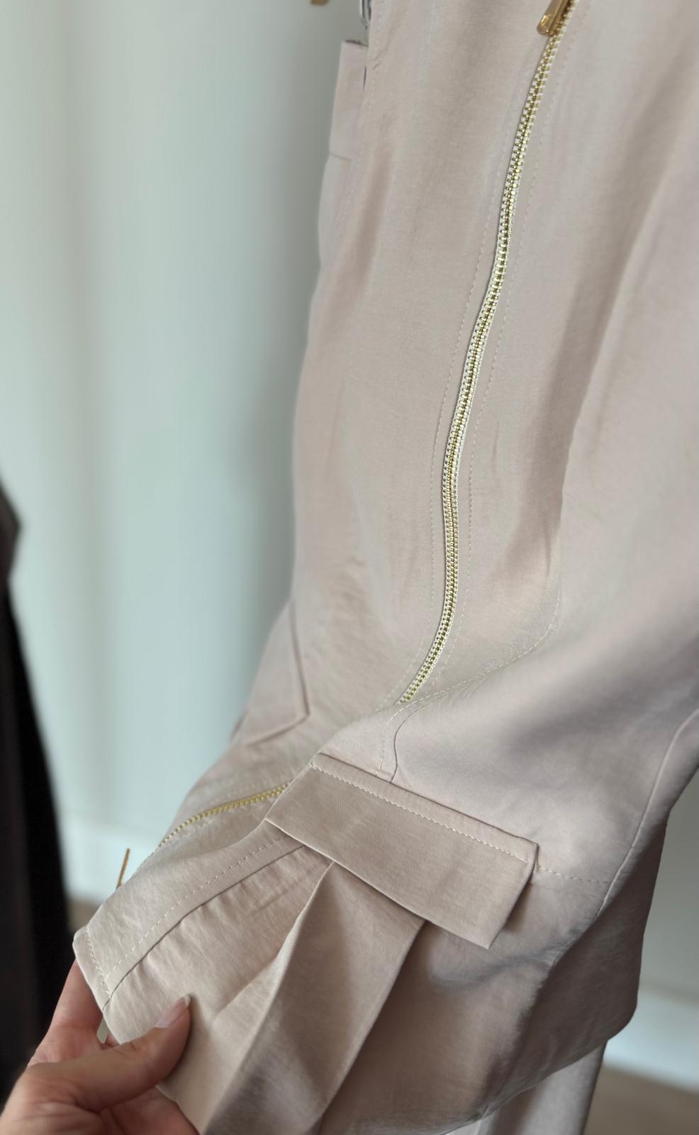 Tencel Modal Çift Fermuarlı Yelek Takım-Bej