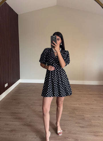 Siyah Puantiyeli Mini ELbise