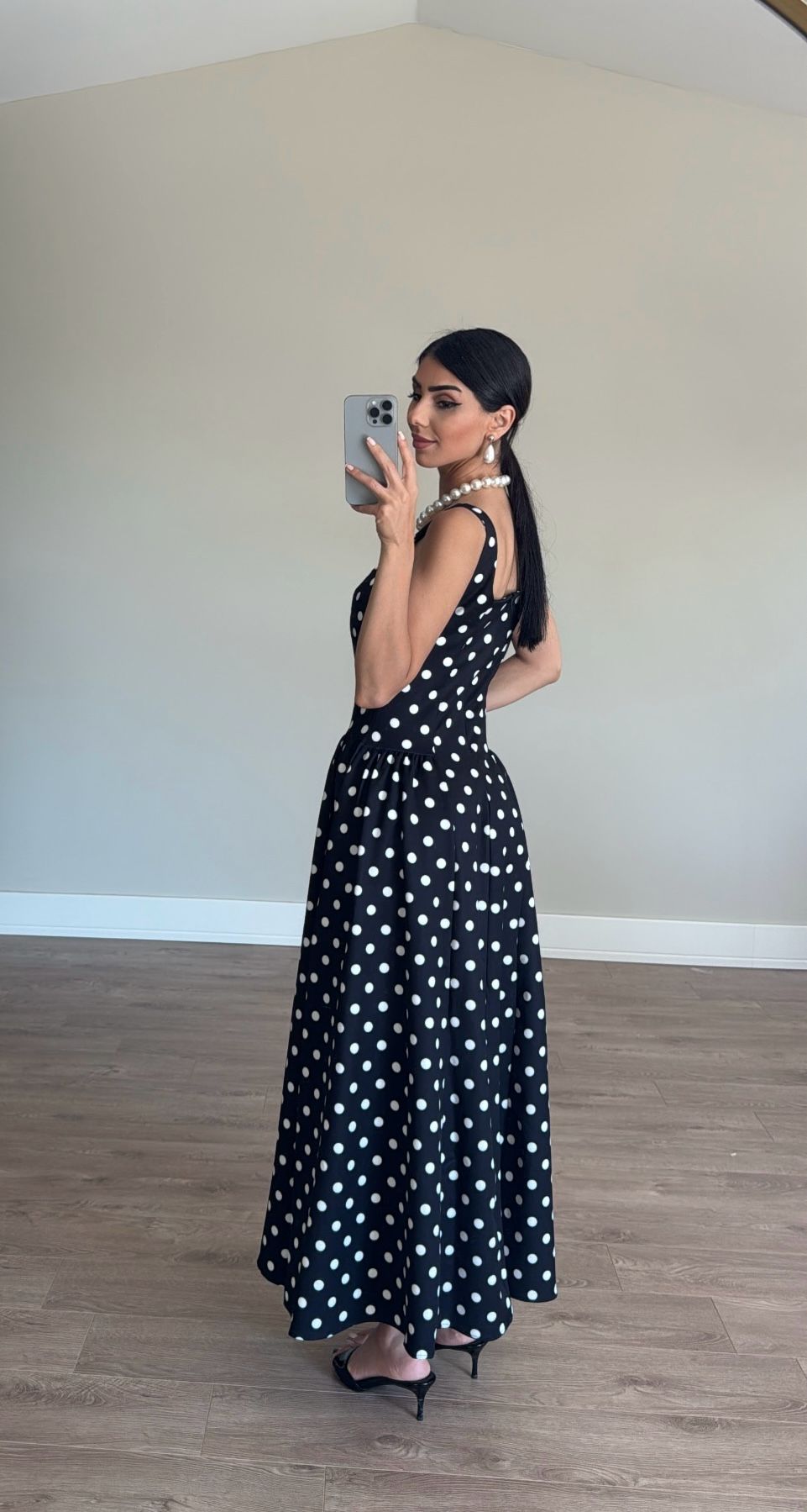 Puantiyeli Maxi Elbise- Siyah
