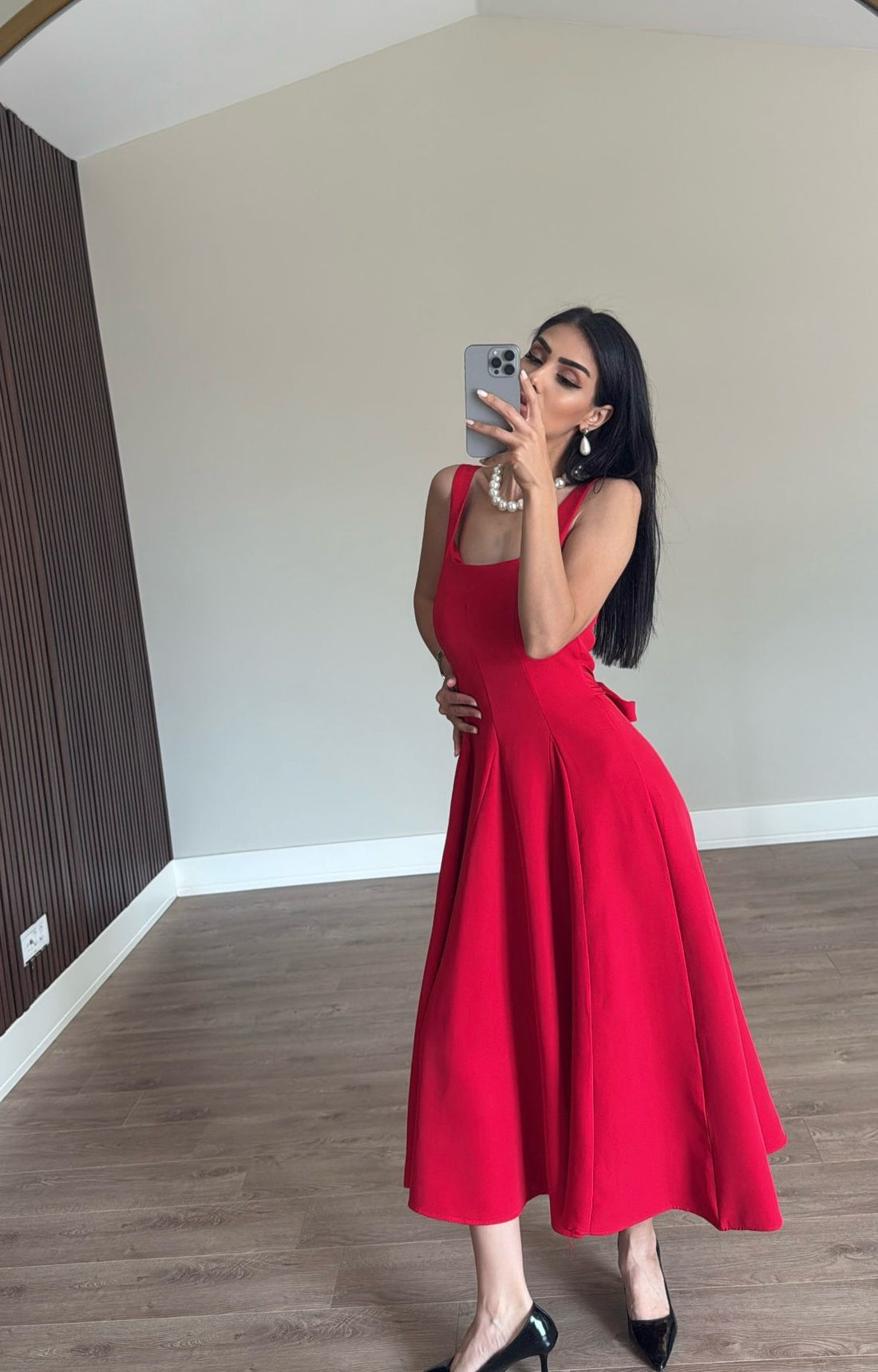 Kare Yaka Midi Elbise Kırmızı