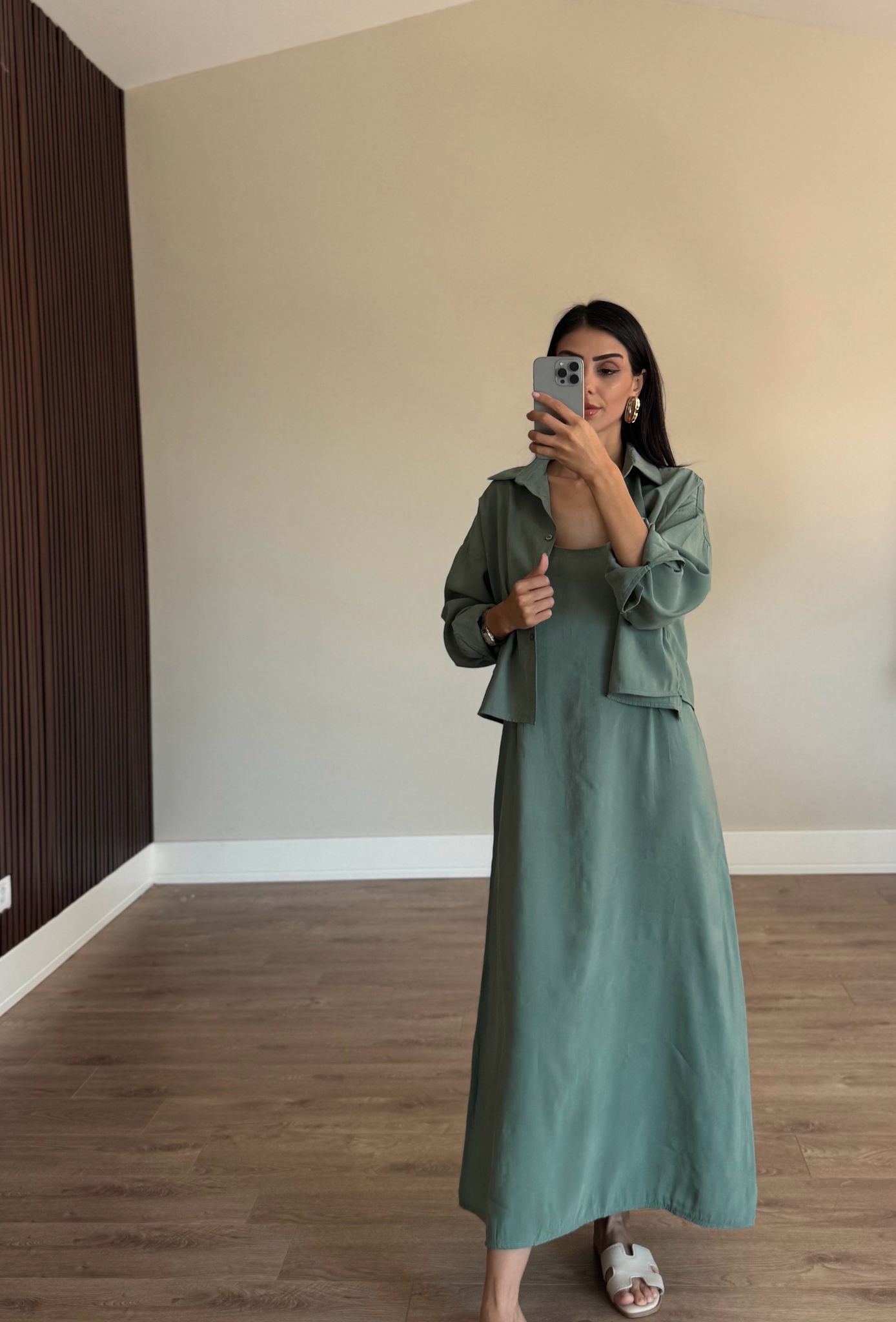 Haki Ayarlanabilir Askılı Elbise Gömlek İkili  Tencel Takım
