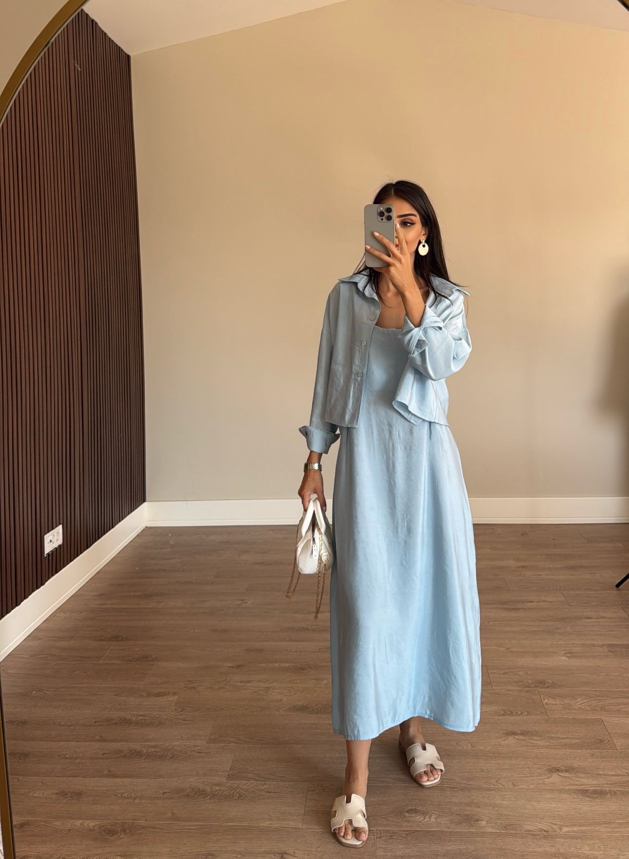 Bebe Mavisi Ayarlanabilir Askılı Elbise Gömlek İkili Tencel Takım