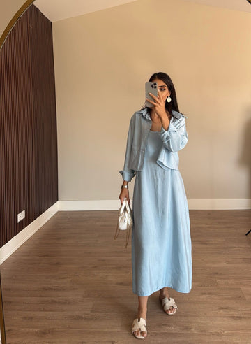 Bebe Mavisi Ayarlanabilir Askılı Elbise Gömlek İkili Tencel Takım