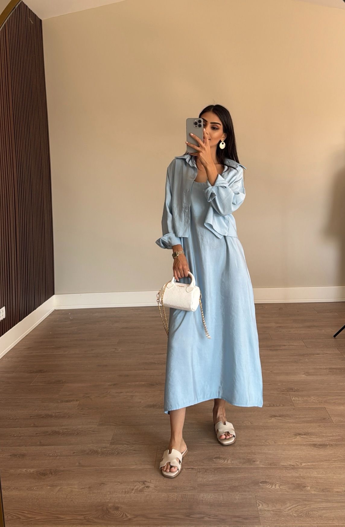 Bebe Mavisi Ayarlanabilir Askılı Elbise Gömlek İkili Tencel Takım