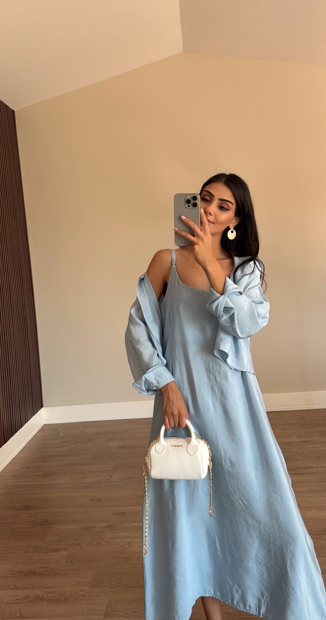 Bebe Mavisi Ayarlanabilir Askılı Elbise Gömlek İkili Tencel Takım