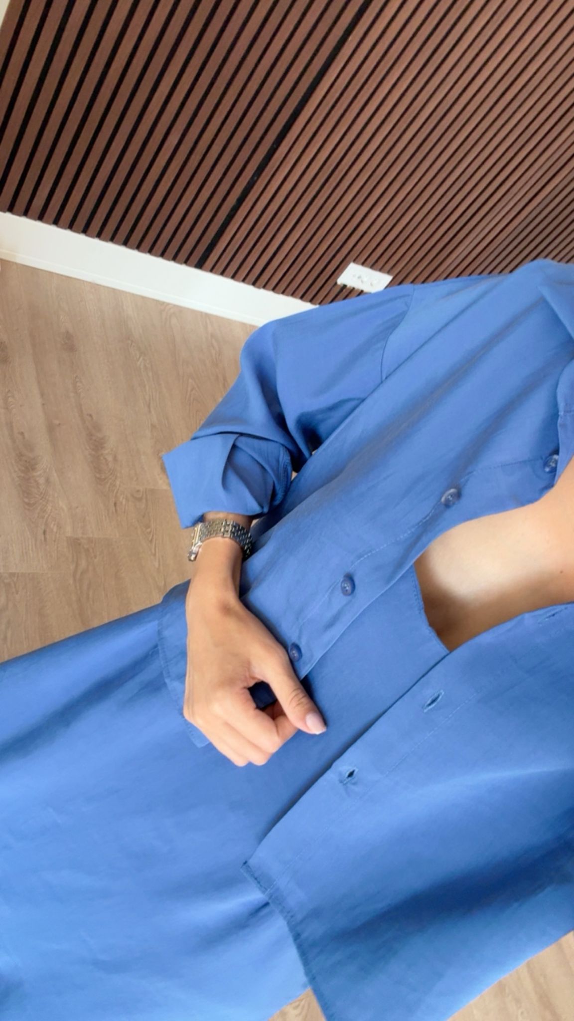 Mavi Ayarlanabilir Askılı Elbise Gömlek İkili Tencel Takım
