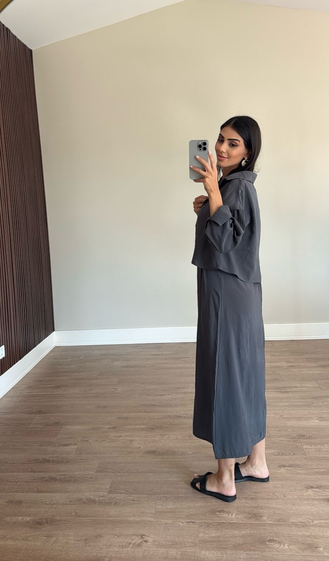 Füme Ayarlanabilir Askılı Elbise Gömlek İkili Tencel Takım